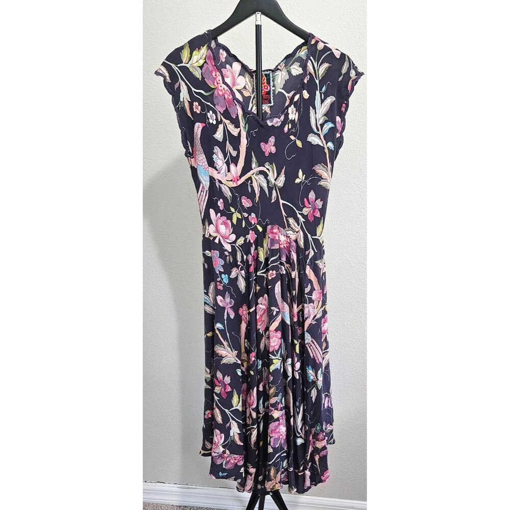 Johnny Was 100% Silk Floral Bird Dress Women M Boho Midi Fit Flare Purple